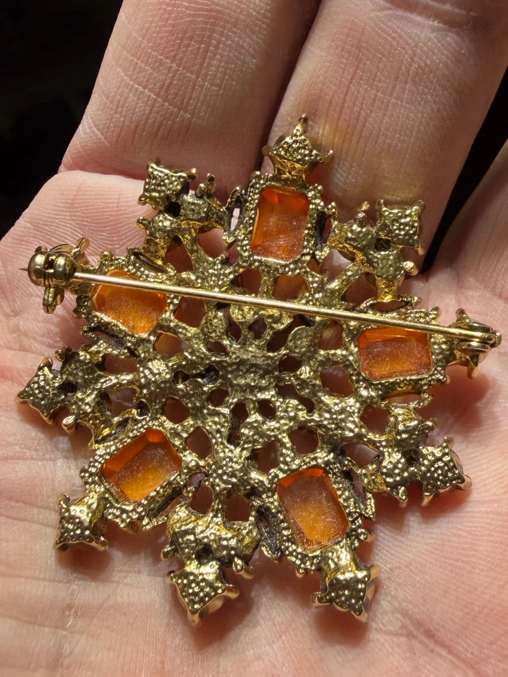 Vintage Gold-Tone Pink & Amber Crystal Snowflake Brooch